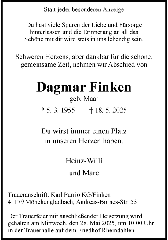 Traueranzeige von Dagmar Finken von trauer.extra-tipp-moenchengladbach.de