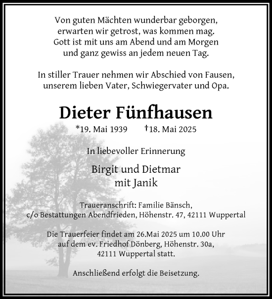 Traueranzeige von Dieter Fünfhausen von trauer.wuppertaler-rundschau.de