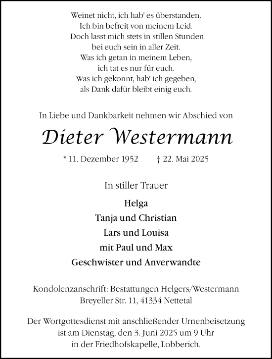 Traueranzeige von Dieter Westermann von trauer.extra-tipp-moenchengladbach.de
