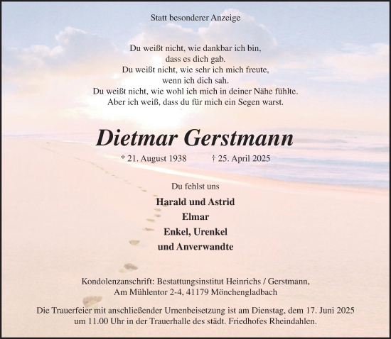 Traueranzeige von Dietmar Gerstmann von trauer.extra-tipp-moenchengladbach.de