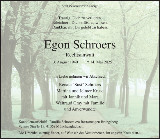 Traueranzeige von Egon Schroers von trauer.extra-tipp-moenchengladbach.de
