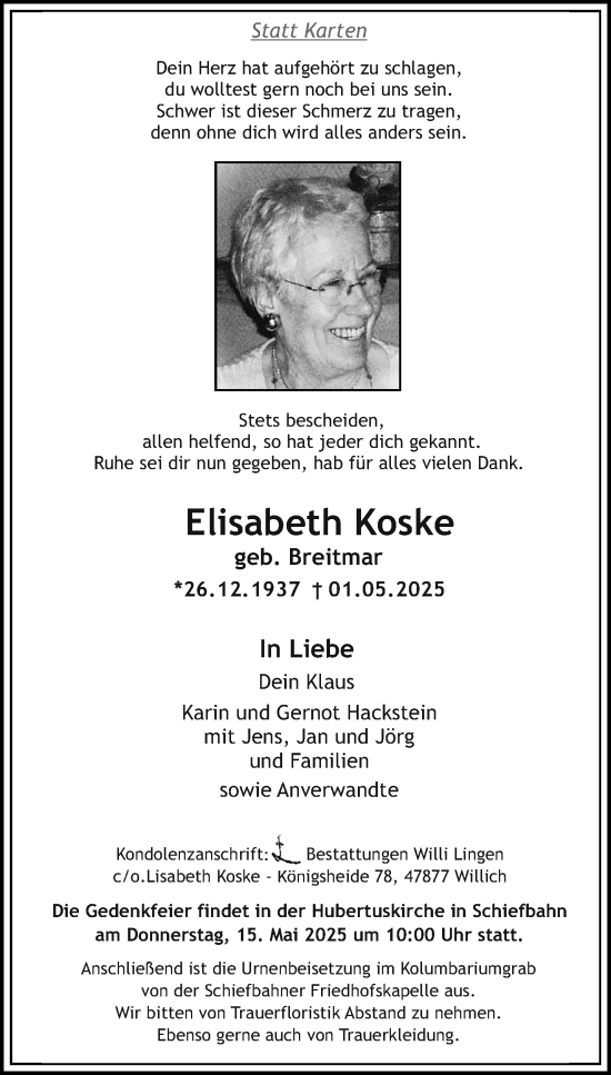 Traueranzeige von Elisabeth Koske von trauer.extra-tipp-moenchengladbach.de