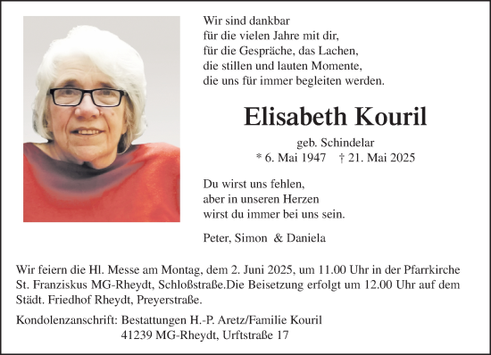 Traueranzeige von Elisabeth Kouril von trauer.extra-tipp-moenchengladbach.de