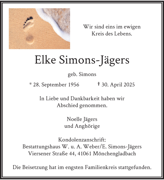 Traueranzeige von Elke Simons-Jägers von trauer.extra-tipp-moenchengladbach.de