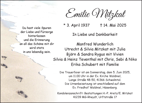 Traueranzeige von Emilie Mitzkat von trauer.extra-tipp-moenchengladbach.de