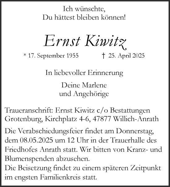 Traueranzeige von Ernst Kiwitz von trauer.extra-tipp-moenchengladbach.de