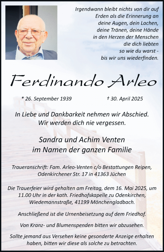 Traueranzeige von Ferdinando Arleo von trauer.extra-tipp-moenchengladbach.de