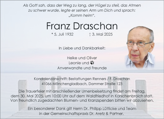 Traueranzeige von Franz Draschan von trauer.extra-tipp-moenchengladbach.de