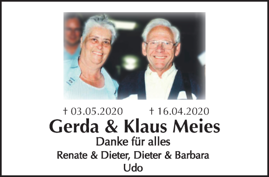 Traueranzeige von Gerda und Klaus Meies von trauer.extra-tipp-moenchengladbach.de