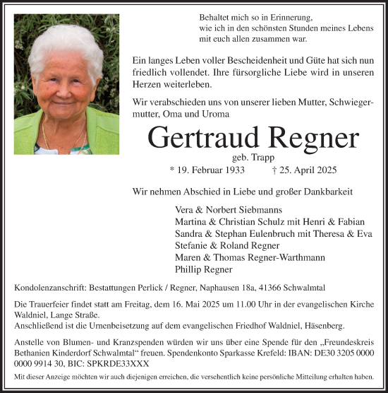 Traueranzeige von Gertraud Regner von trauer.extra-tipp-moenchengladbach.de
