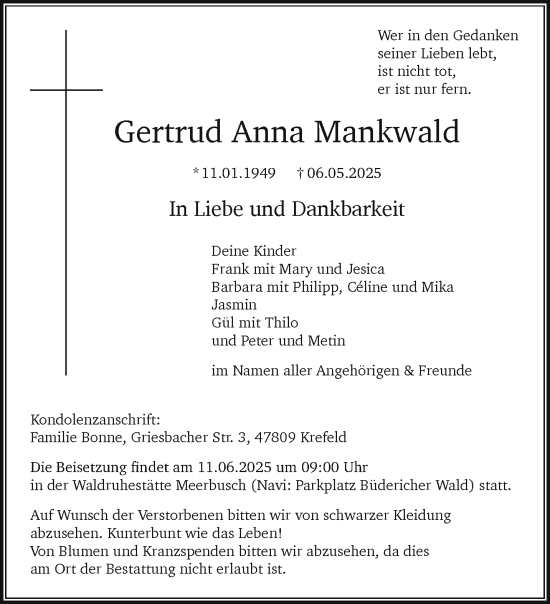 Traueranzeige von Gertrud Anna Mankwald von trauer.extra-tipp-moenchengladbach.de