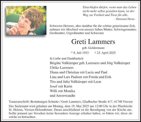 Traueranzeige von Greti Lammers von trauer.extra-tipp-moenchengladbach.de