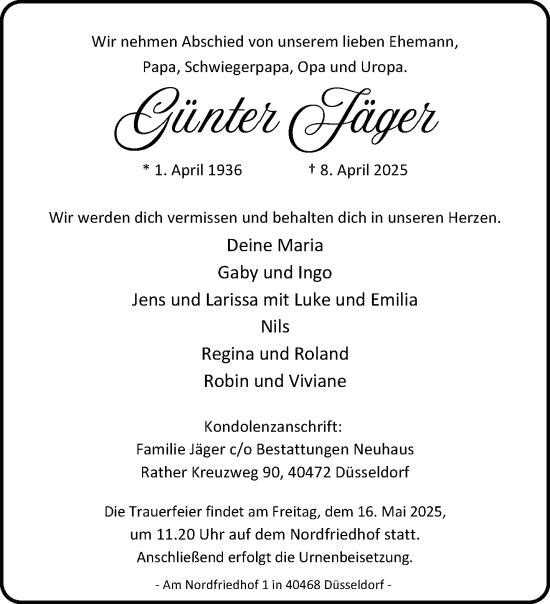 Traueranzeige von Günter Jäger von trauer.duesseldorfer-anzeiger.de