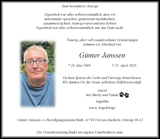 Traueranzeige von Günter Janssen von trauer.extra-tipp-moenchengladbach.de