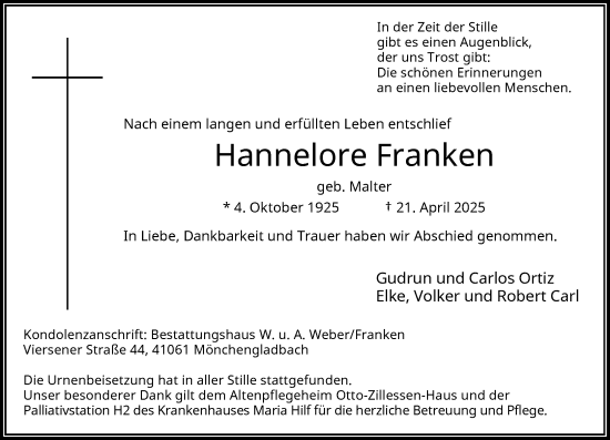 Traueranzeige von Hannelore Franken von trauer.extra-tipp-moenchengladbach.de