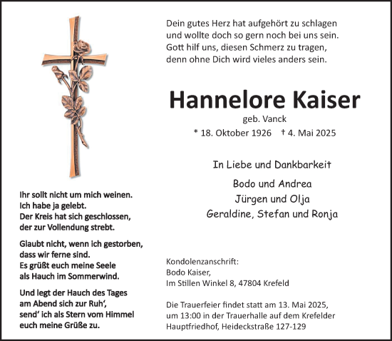 Traueranzeige von Hannelore Kaiser von trauer.extra-tipp-moenchengladbach.de