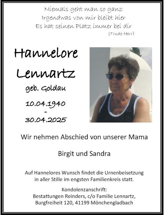 Traueranzeige von Hannelore Lennartz von trauer.extra-tipp-moenchengladbach.de