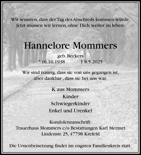 Traueranzeige von Hannelore Mommers von trauer.extra-tipp-moenchengladbach.de