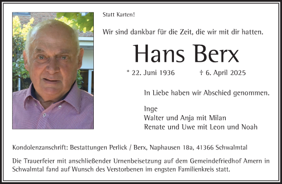 Traueranzeige von Hans Berx von trauer.extra-tipp-moenchengladbach.de