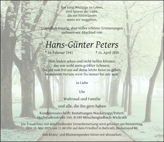 Traueranzeige von Hans-Günter Peters von trauer.extra-tipp-moenchengladbach.de
