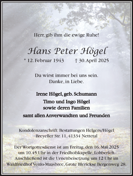 Traueranzeige von Hans Peter Högel von trauer.extra-tipp-moenchengladbach.de