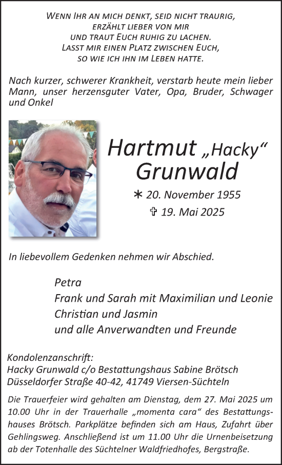 Traueranzeige von Hartmut Grunwald von trauer.extra-tipp-moenchengladbach.de