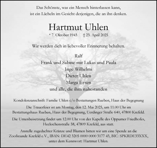 Traueranzeige von Hartmut Uhlen von trauer.extra-tipp-moenchengladbach.de