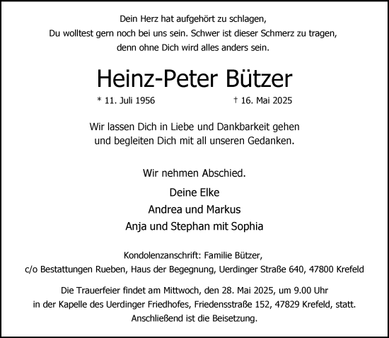 Traueranzeige von Heinz-Peter Bützer von trauer.extra-tipp-moenchengladbach.de