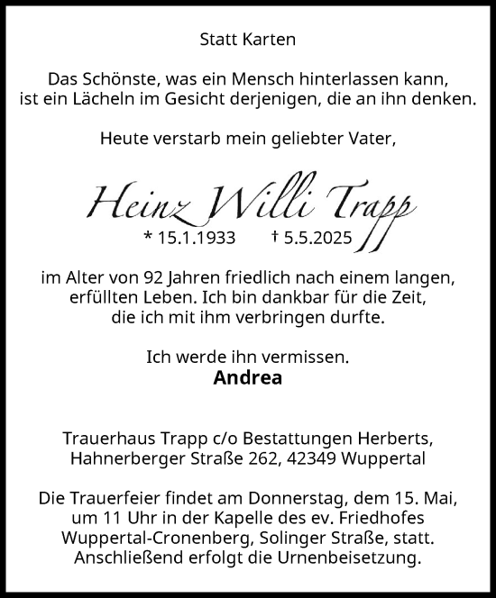 Traueranzeige von Heinz Willi Trapp von trauer.wuppertaler-rundschau.de