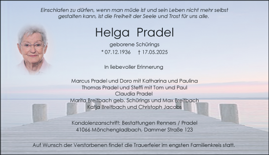 Traueranzeige von Helga Pradel von trauer.extra-tipp-moenchengladbach.de