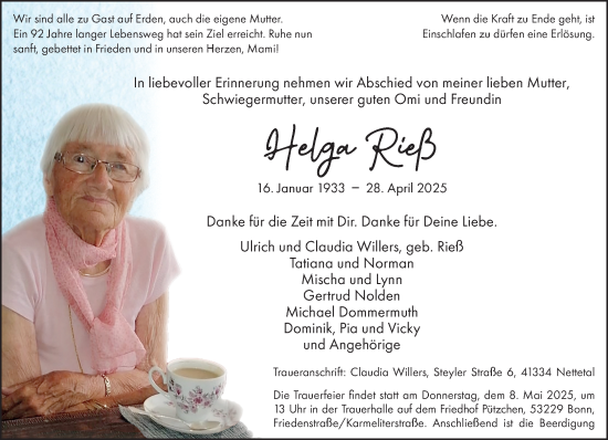 Traueranzeige von Helga Rieß von trauer.extra-tipp-moenchengladbach.de