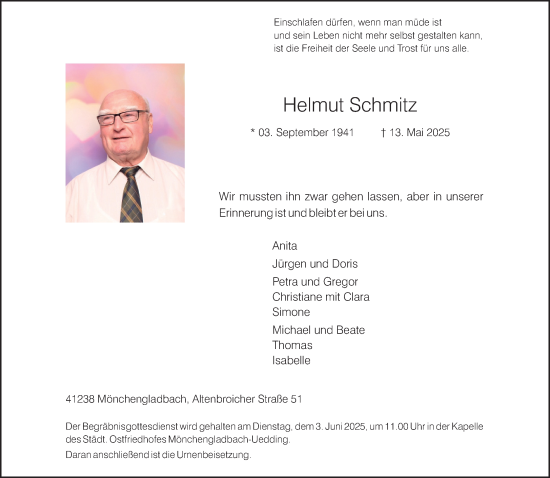 Traueranzeige von Helmut Schmitz von trauer.extra-tipp-moenchengladbach.de