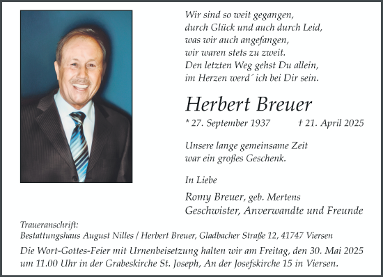 Traueranzeige von Herbert Breuer von trauer.extra-tipp-moenchengladbach.de