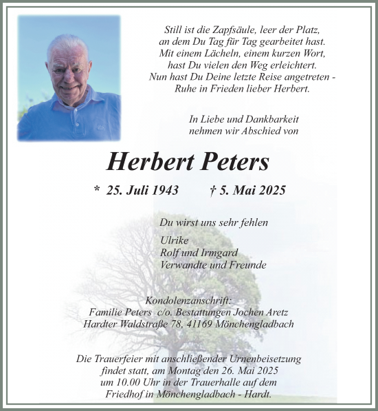 Traueranzeige von Herbert Peters von trauer.extra-tipp-moenchengladbach.de