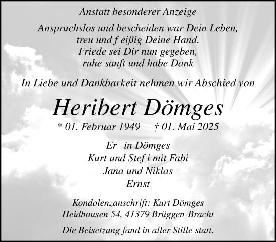 Traueranzeige von Heribert Dömges von trauer.extra-tipp-moenchengladbach.de