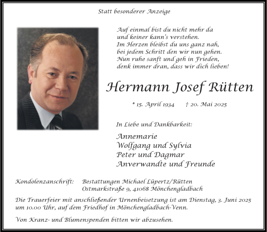 Traueranzeige von Hermann Josef Rütten von trauer.extra-tipp-moenchengladbach.de