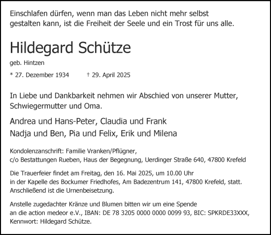Traueranzeige von Hildegard Schütze von trauer.extra-tipp-moenchengladbach.de