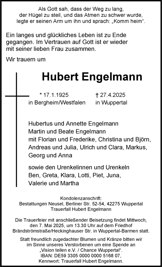 Traueranzeige von Hubert Engelmann von trauer.wuppertaler-rundschau.de
