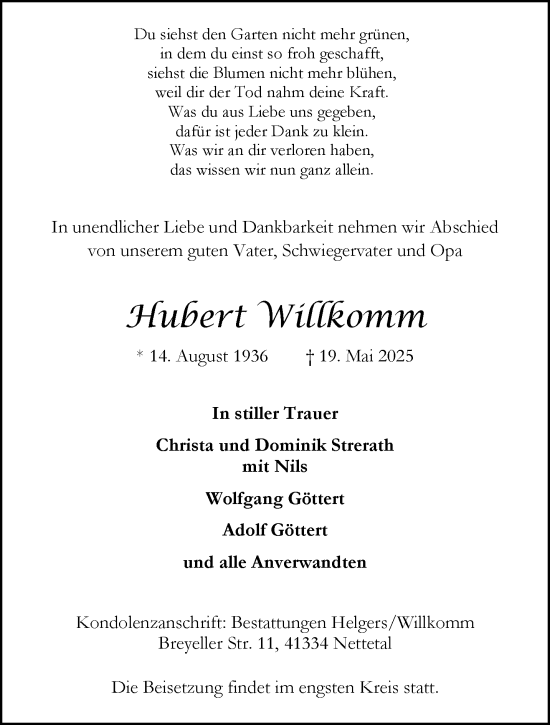Traueranzeige von Hubert Willkomm von trauer.extra-tipp-moenchengladbach.de
