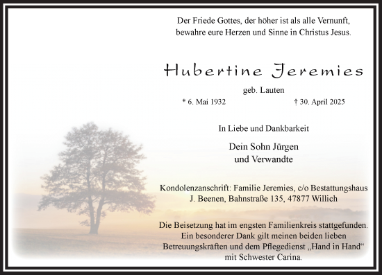 Traueranzeige von Hubertine Jeremies von trauer.extra-tipp-moenchengladbach.de