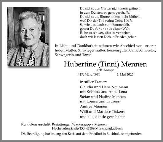 Traueranzeige von Hubertine Mennen von trauer.extra-tipp-moenchengladbach.de