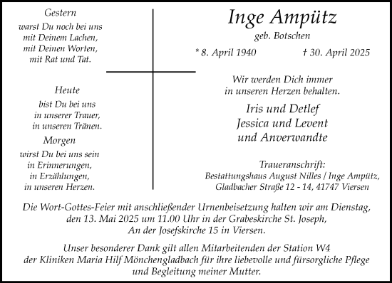 Traueranzeige von Inge Ampütz von trauer.extra-tipp-moenchengladbach.de