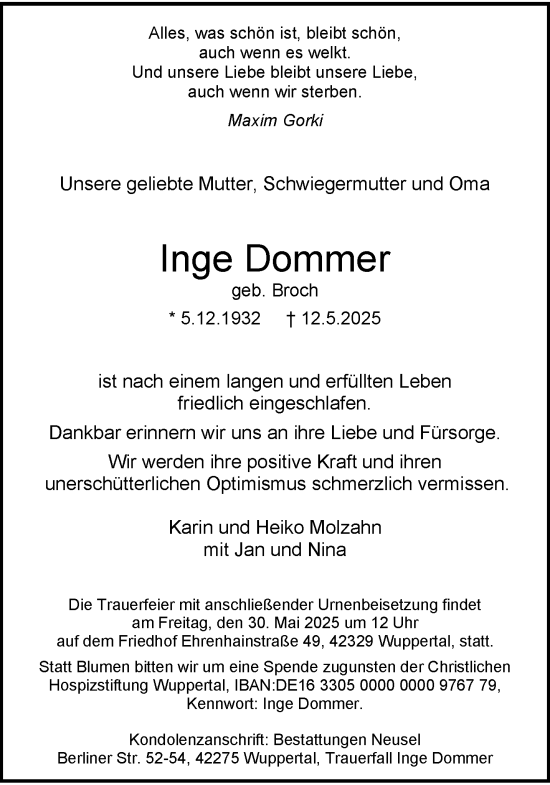 Traueranzeige von Inge Dommer von trauer.wuppertaler-rundschau.de