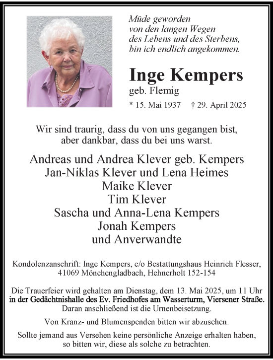 Traueranzeige von Inge Kempers von trauer.extra-tipp-moenchengladbach.de