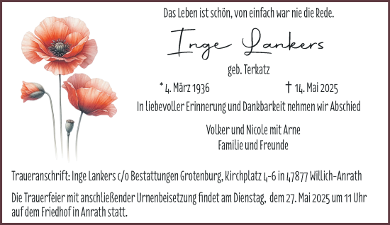 Traueranzeige von Inge Lankers von trauer.extra-tipp-moenchengladbach.de