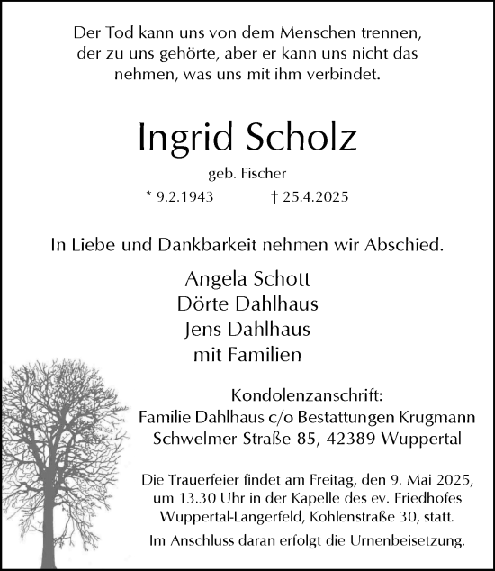 Traueranzeige von Ingrid Scholz von trauer.wuppertaler-rundschau.de