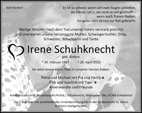 Traueranzeige von Irene Schuhknecht von trauer.extra-tipp-moenchengladbach.de