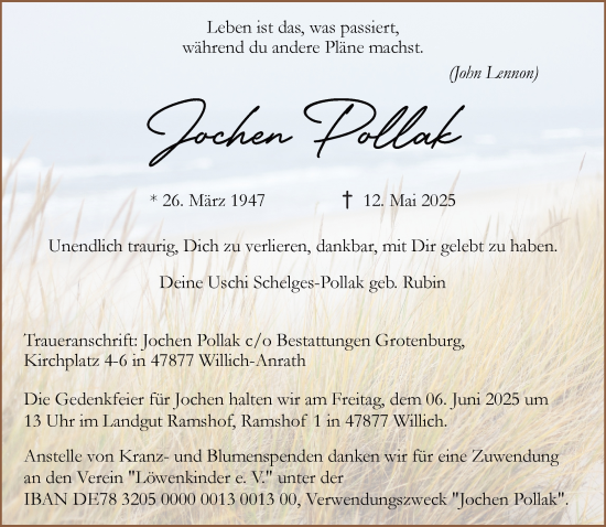 Traueranzeige von Jochen Pollak von trauer.extra-tipp-moenchengladbach.de