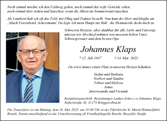 Traueranzeige von Johannes Klaps von trauer.extra-tipp-moenchengladbach.de