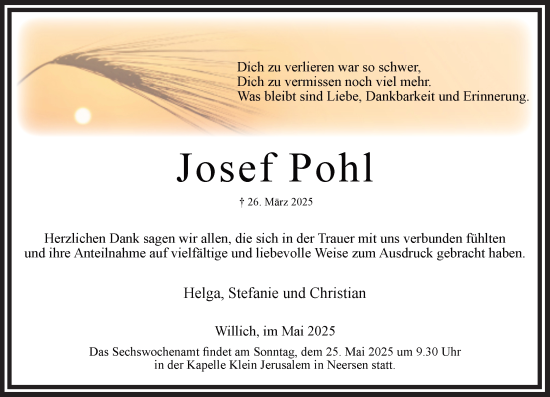 Traueranzeige von Josef Pohl von trauer.extra-tipp-moenchengladbach.de
